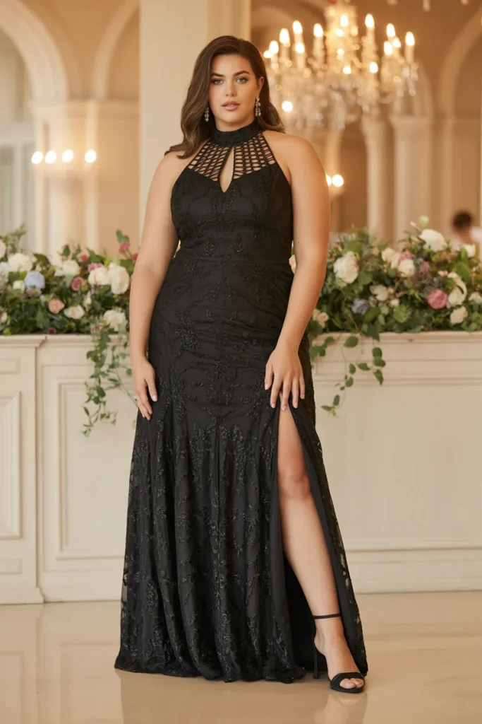 Plus Size Black Tie High Neck Cutout Wedding Guest Dress