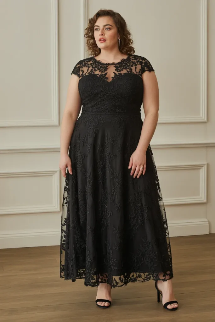 Plus Size Black Tie Illusion Neckline Lace Wedding Guest Dress
