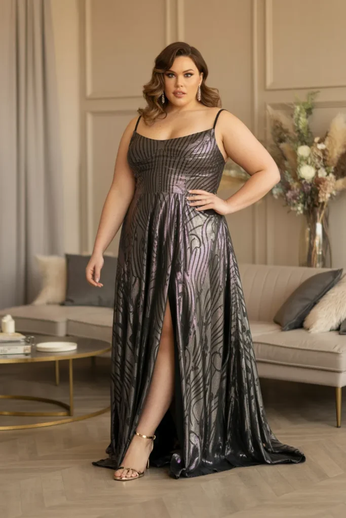 Plus Size Black Tie Liquid Metallic Wedding Guest Dress