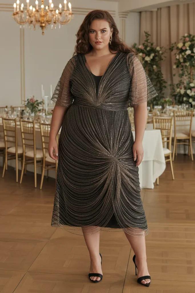 Plus Size Black Tie Metallic Sculptural Wedding Guest Dress