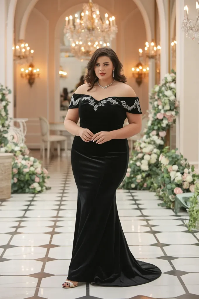 Plus Size Black Tie Off-Shoulder Velvet Mermaid Wedding Guest Dress