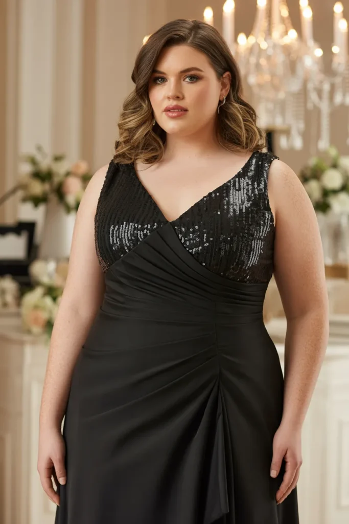 Plus Size Black Tie Sequined Bodice Ruched Wedding Guest Dress