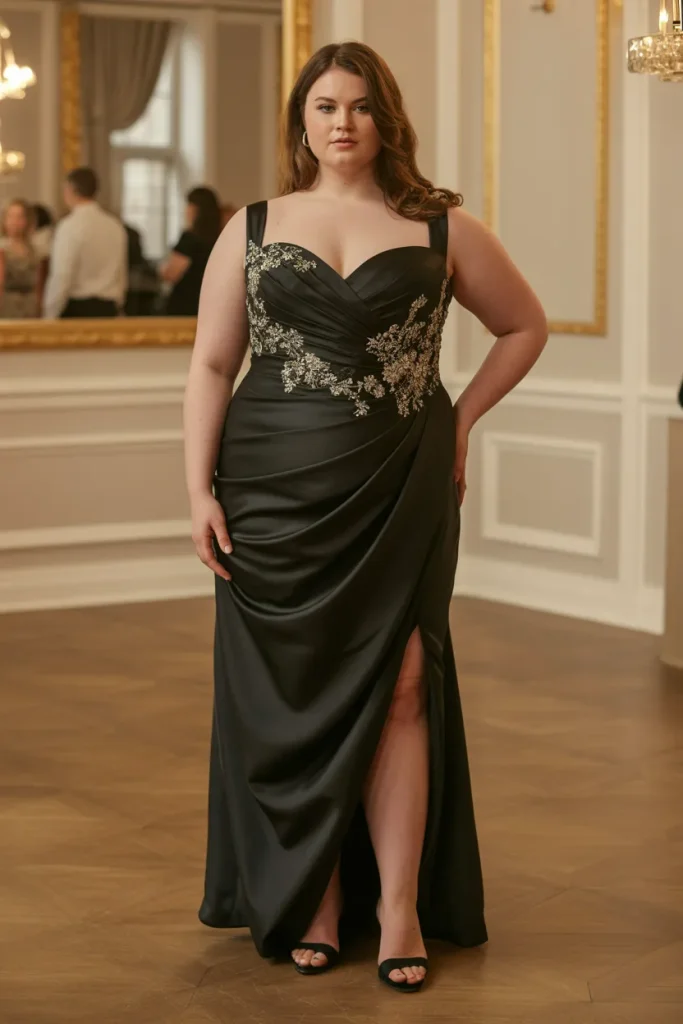 Plus Size Black Tie Structured Satin Sweetheart Wedding Guest Dress