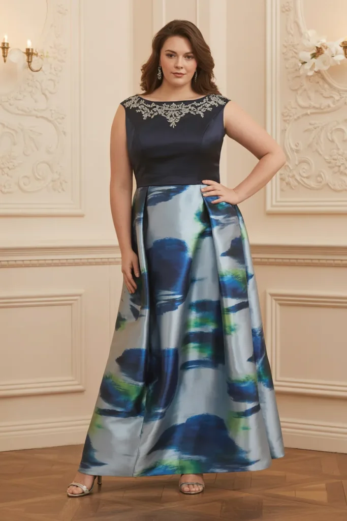 Plus Size Black Tie Watercolor Silk Bateau Neck Wedding Guest Dress