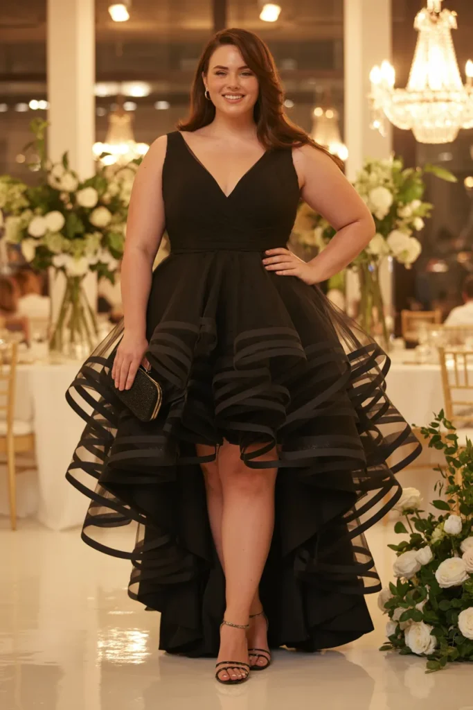 Plus Size Black V Neck High Low Ruffle Tulle Cocktail Dress