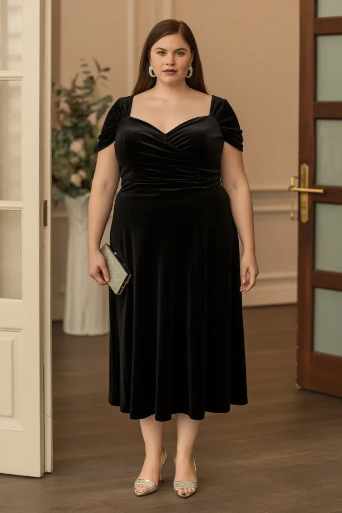 Plus Size Black Velvet Midi with Sweetheart Neckline Wedding Guest Dress