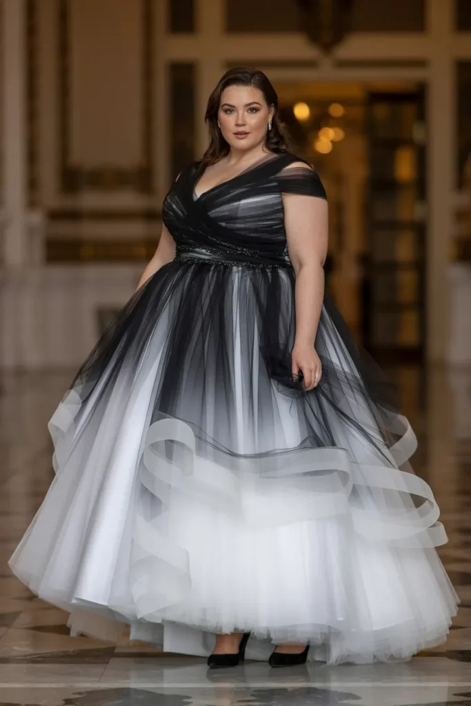 Plus Size Black and White Ombre Tulle Ball Gown