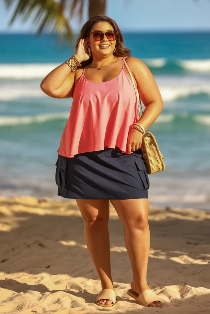 Plus Size Blouson Tankini with Cargo Skort Summer Beach Outfit