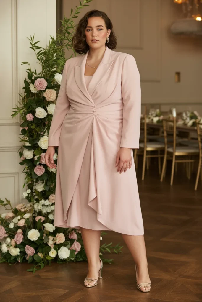 Plus Size Blush Pink Tuxedo Style Formal Wedding Guest Dress
