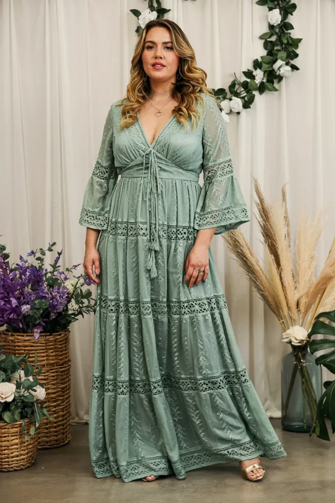 Plus Size Bohemian Sage Green Lace Tiered Maxi Mother of the Bride Dress with Bell Sleeves