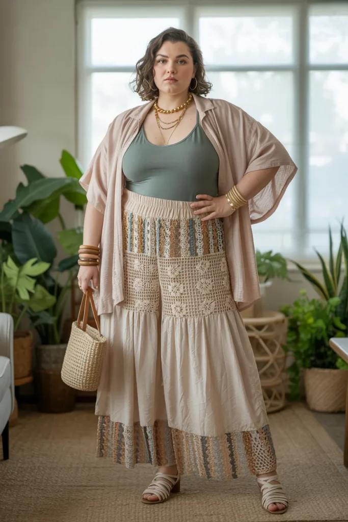 Plus Size Boho Crochet Overlay Summer Skirt Outfit