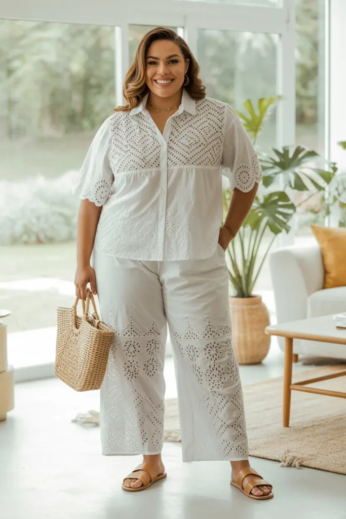 Plus Size Broderie Anglaise Lounge Set Summer Outfit