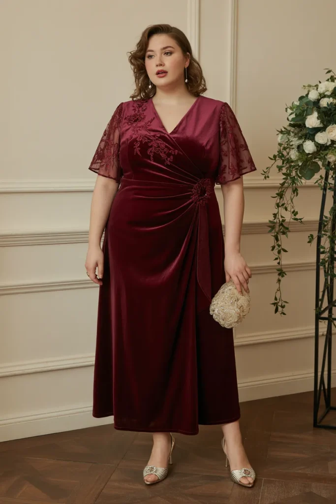 Plus Size Burgundy Velvet Evening Wedding Guest Dress