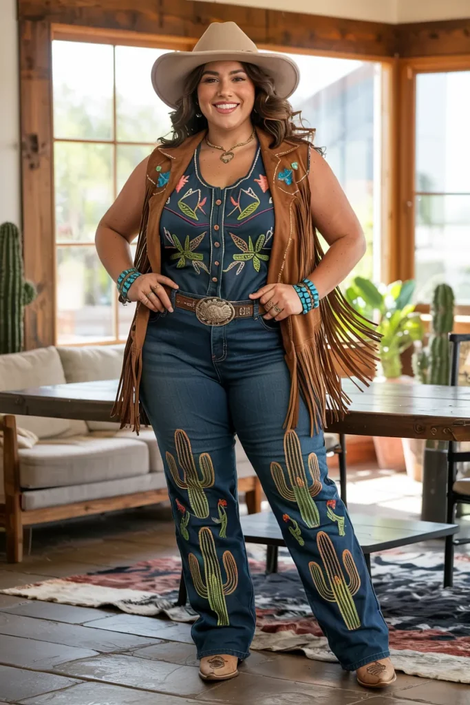 Plus Size Cactus Embroidered Jumpsuit with Fringe Vest Cowgirl Outfit