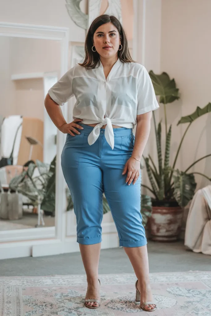 Plus Size Capri Pants and Tie Front Blouse Summer Outfit