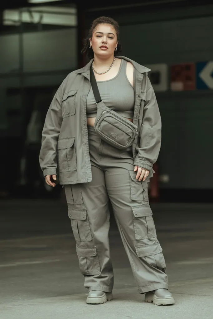 Plus Size Cargo Utility Pocket Streetwear Outfit