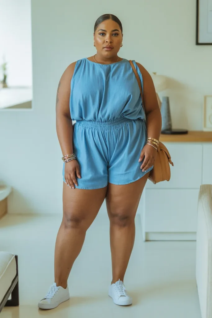 Plus Size Chambray Blouson Romper Summer Outfit
