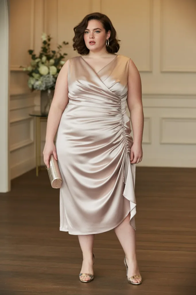 Plus Size Champagne Satin Midi with Side Ruching Wedding Guest Dress