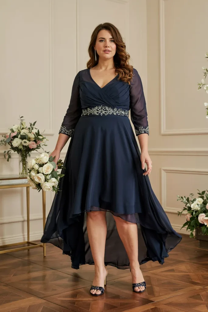 Plus Size Chic Navy Chiffon High Low Mother of the Bride Dress with Beaded Waistband