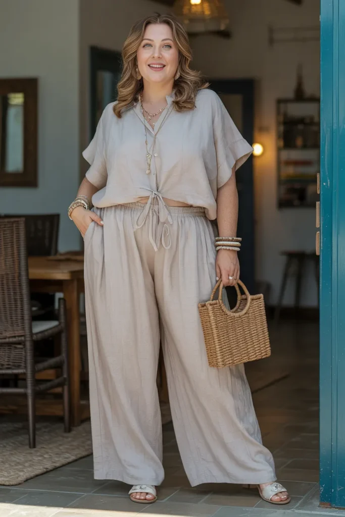 Plus Size Classy Linen Palazzo Set Summer Outfit