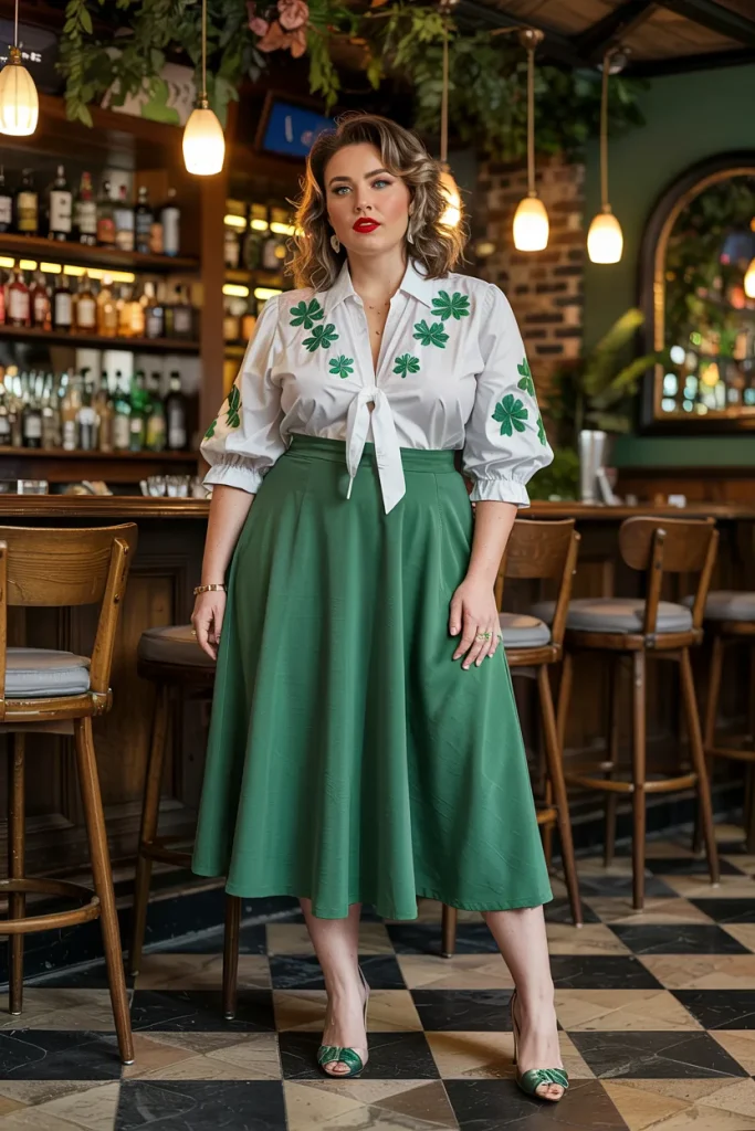 Plus Size Clover Embroidered White Blouse With Green Midi Skirt Outfit