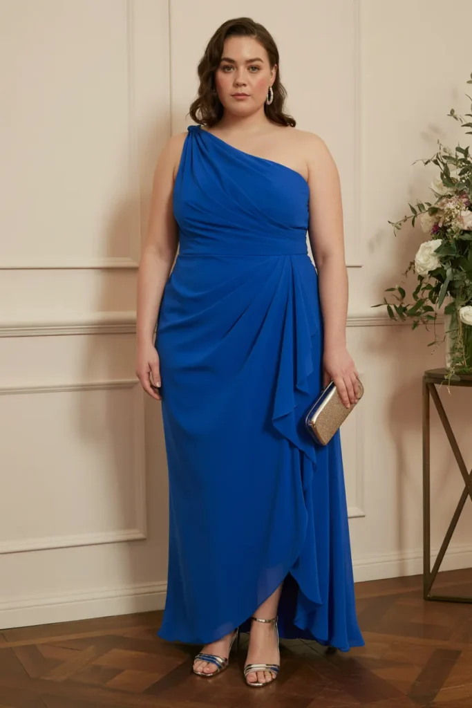 Plus Size Cobalt Blue One Shoulder Formal Wedding Guest Gown