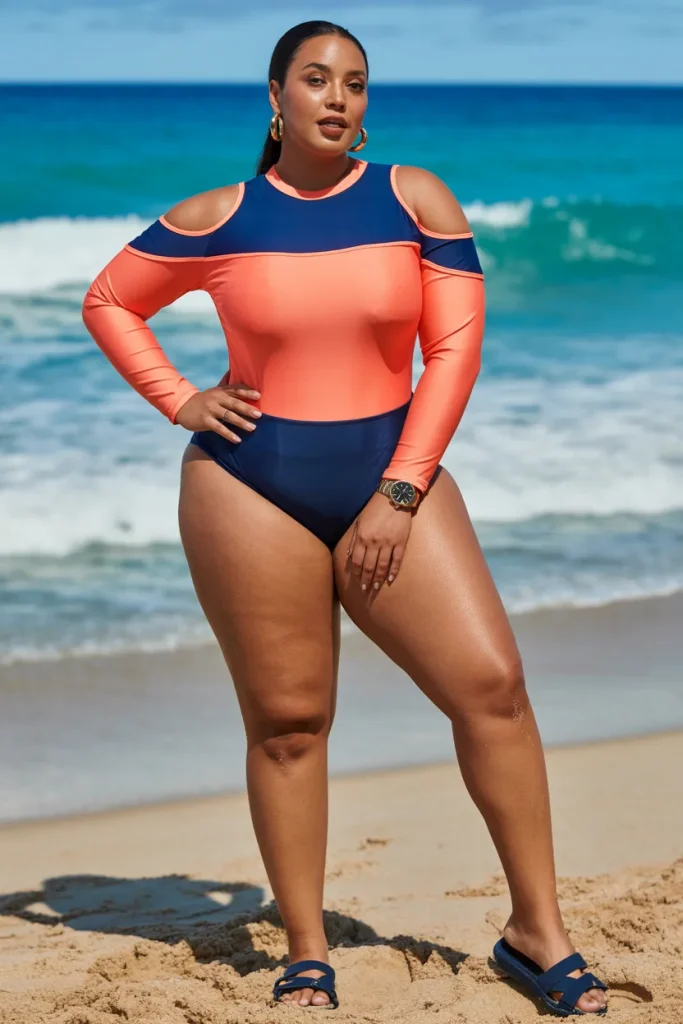 Plus Size Cold Shoulder Rashguard Set Summer Beach Outfit
