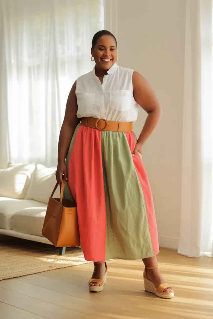 Plus Size Color Block Linen Summer Skirt Outfit