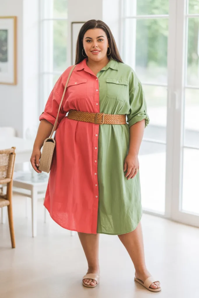Plus Size Colorblock Linen Shirt Dress Summer Outfit