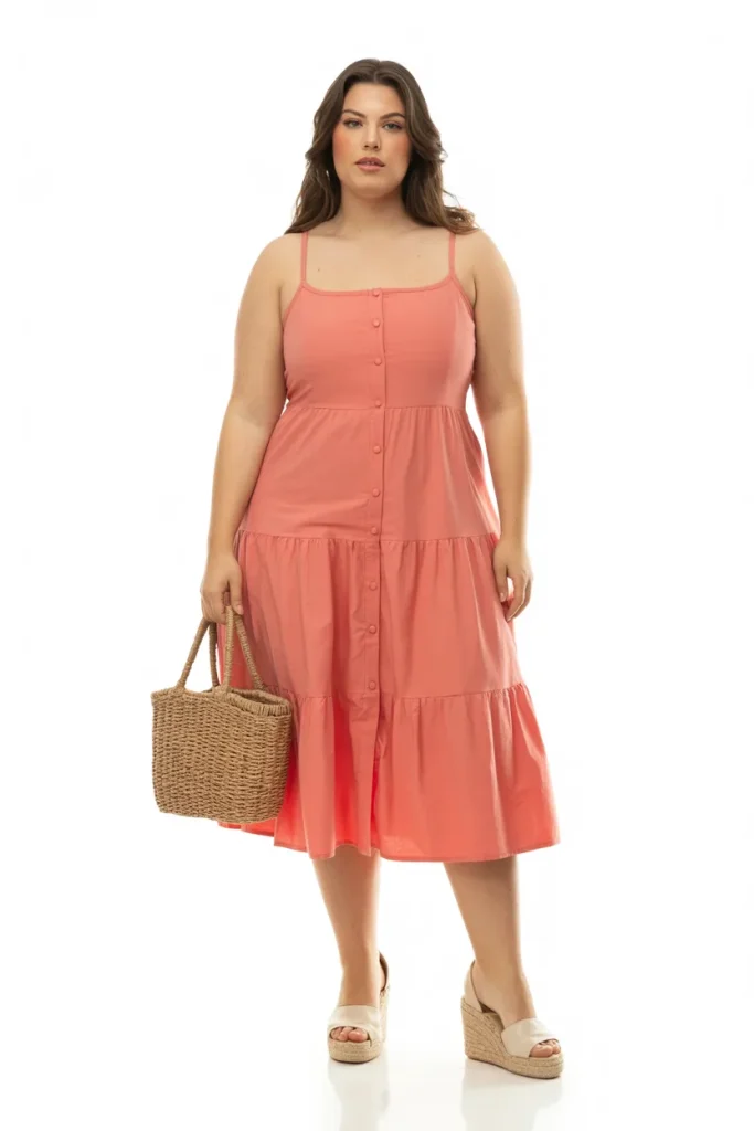Plus Size Comfy Button Front Tiered Sundress Summer Outfit