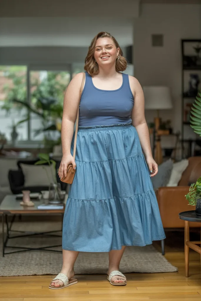 Plus Size Comfy Chambray Tiered Midi Skirt Summer Outfit