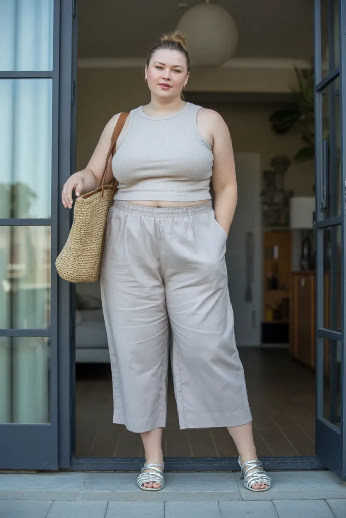 Plus Size Comfy Cropped Wide Leg Linen Pants Summer Outfit