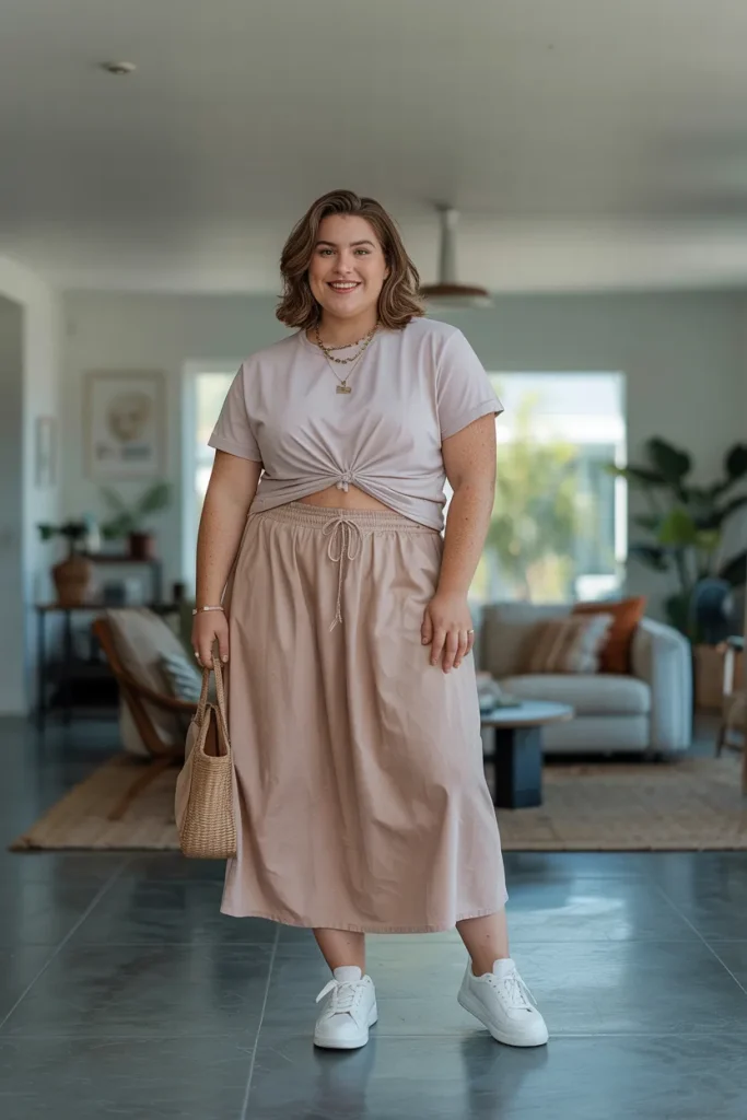 Plus Size Comfy Drawstring Midi Skirt Summer Outfit