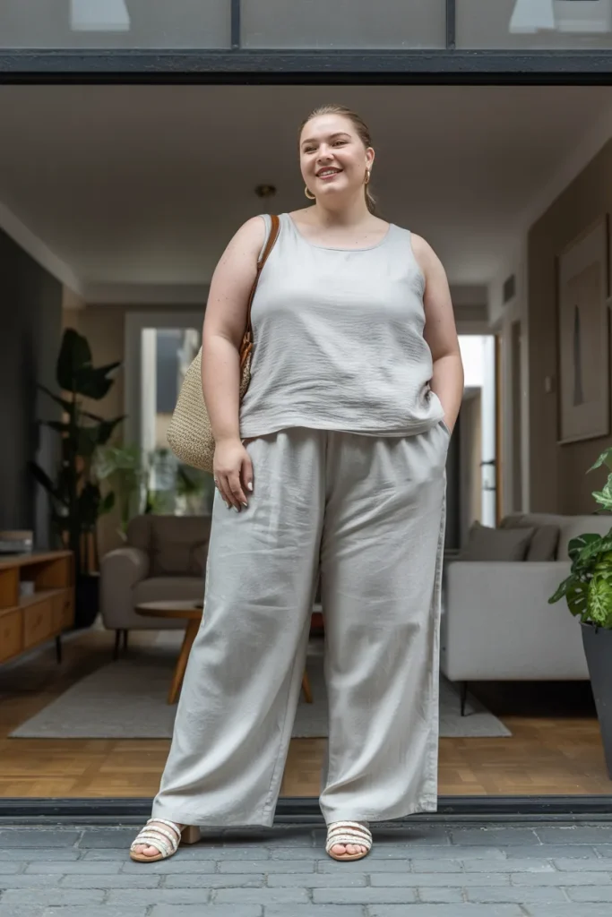 Plus Size Comfy Linen Wide-Leg Pants with Matching Top Summer Outfit