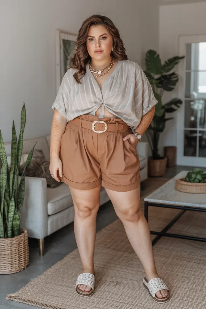 Plus Size Comfy Paperbag Waist Shorts Summer Outfit