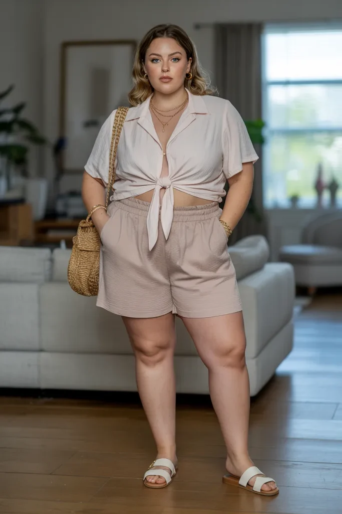 Plus Size Comfy Tie Front Blouse and Shorts Summer Outfit