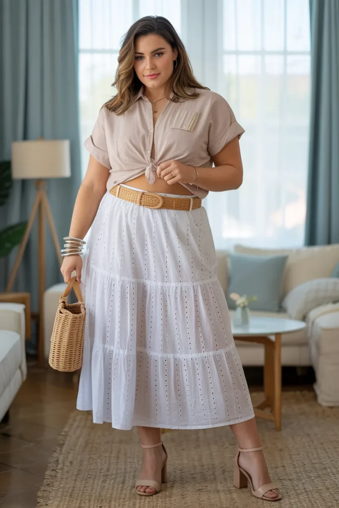 Plus Size Comfy Tiered Eyelet Cotton Skirt Summer Outfit