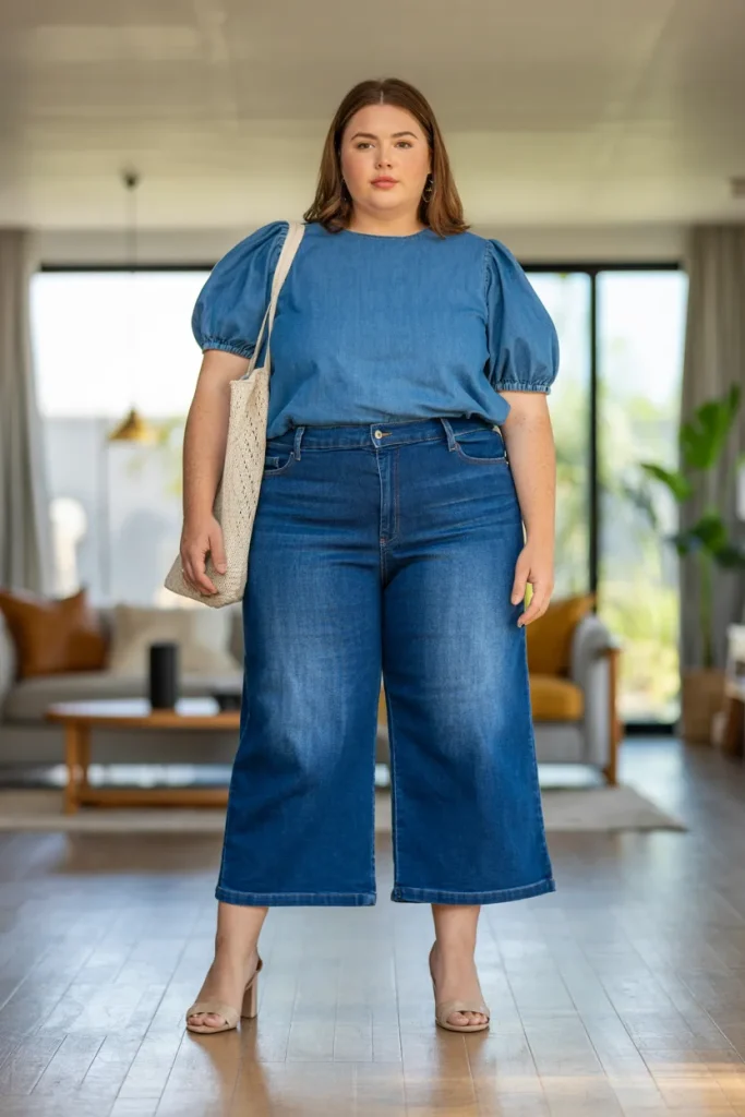 Plus Size Comfy Wide Leg Cropped Denim Summer Outfit