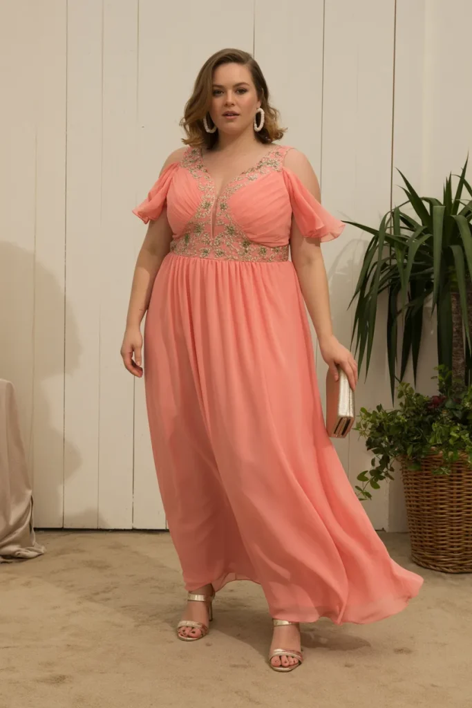 Plus Size Coral Chiffon Beach Wedding Guest Maxi