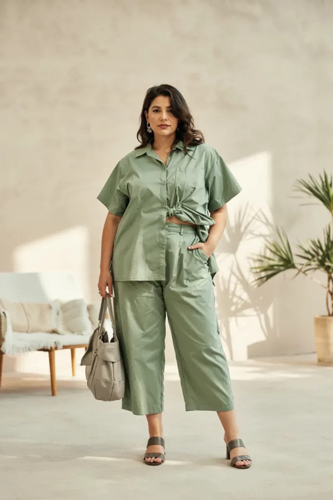 Plus Size Cotton Poplin Blouse and Cropped Pants Summer Outfit