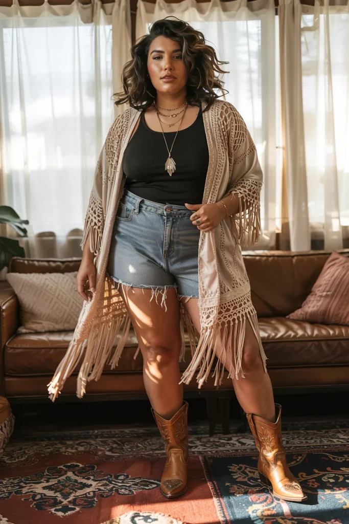 Plus Size Crochet Fringe Kimono with Denim Shorts