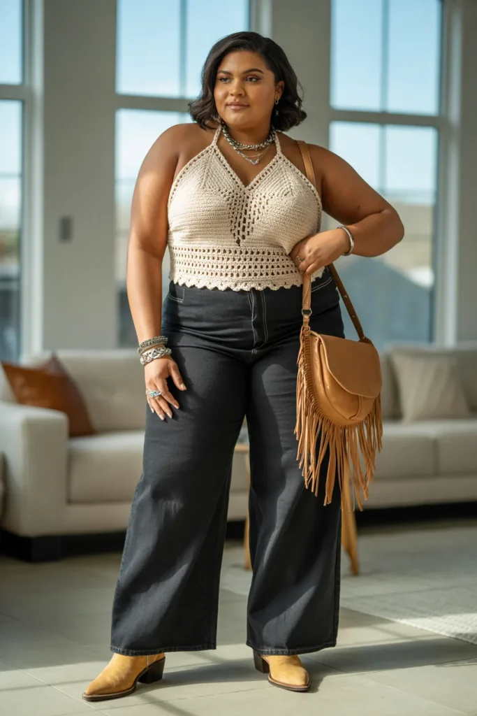 Plus Size Crochet Halter Top with Wide Leg Jeans