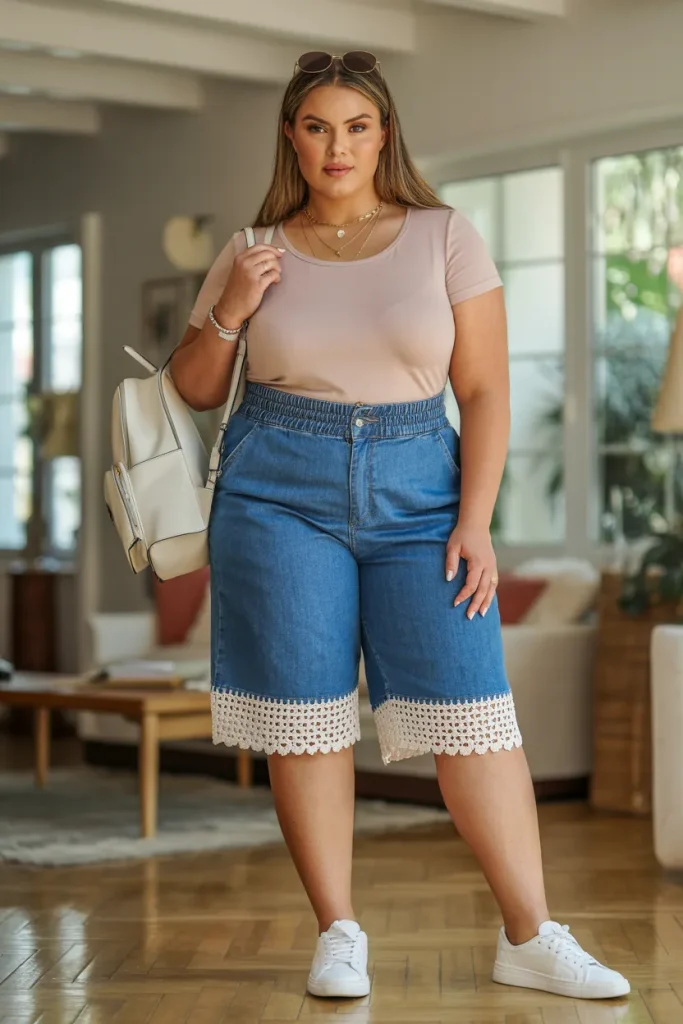 Plus Size Crochet Trim Denim Bermuda Shorts Summer Outfit