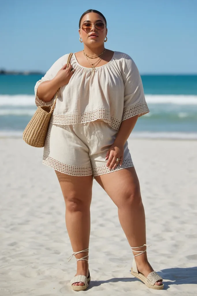 Plus Size Crochet Trim Linen Shorts Ensemble Summer Beach Outfit