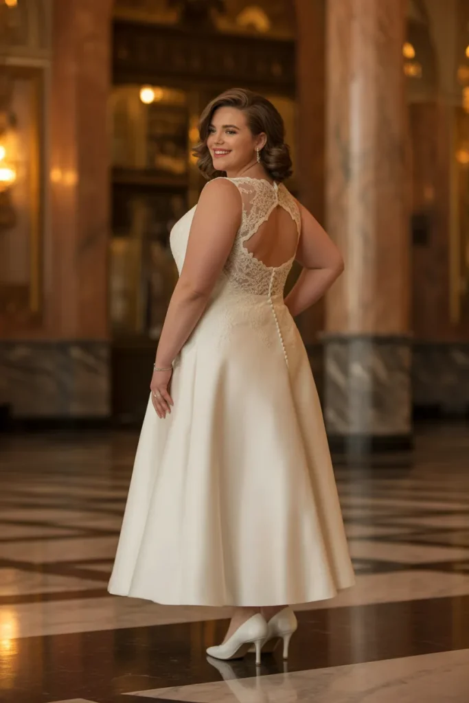 Plus Size Cutout Back Tea Length Wedding Dress