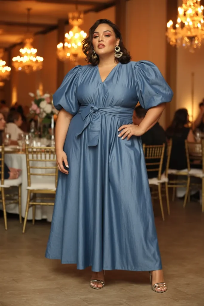 Plus Size Denim Blue Puff Sleeve Belted Maxi Wedding Guest Dress
