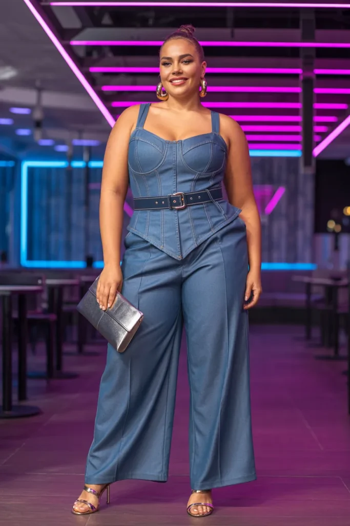 Plus Size Denim Corset Top and Wide Leg Trousers Summer Club Outfit