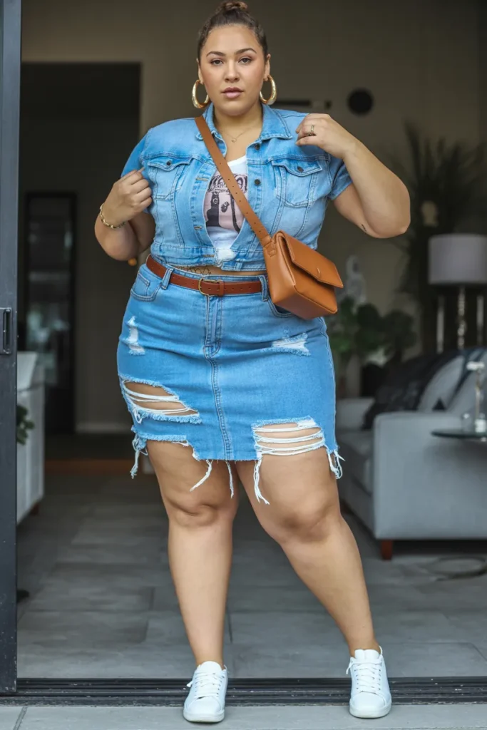 Plus Size Distressed Denim Mini Summer Skirt Outfit