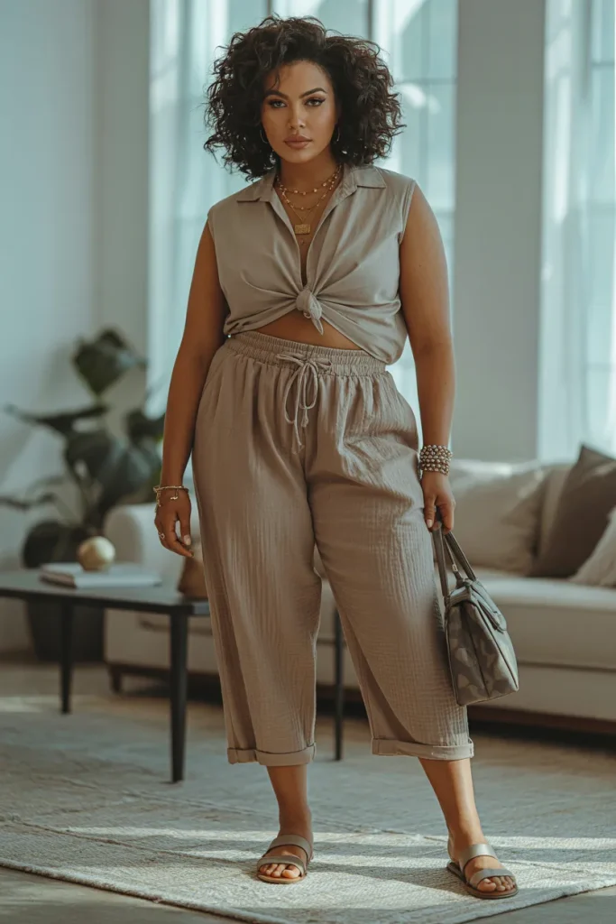 Plus Size Drawstring Waist Cropped Pants Summer Outfit