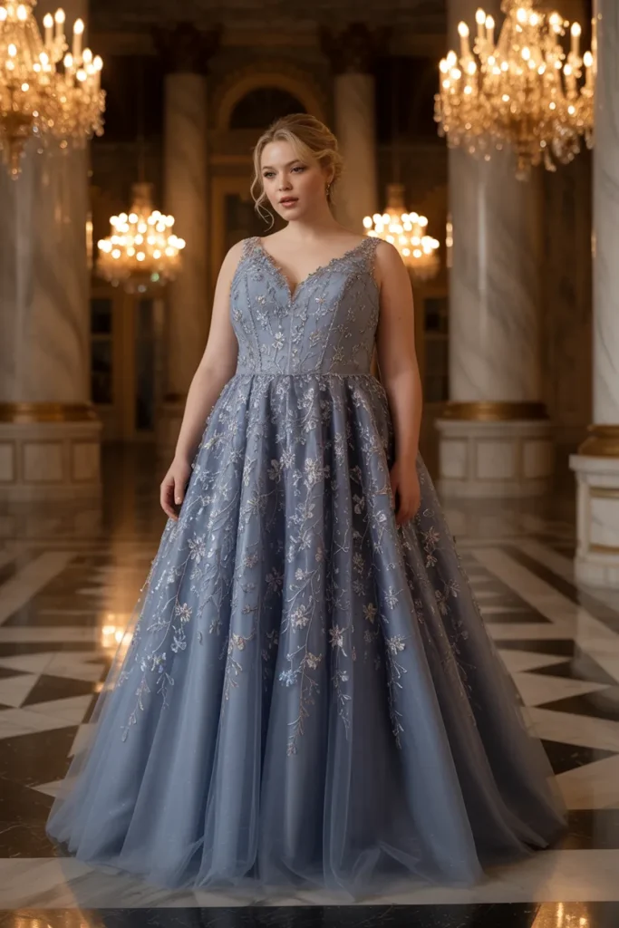 Plus Size Dusty Blue Floral Embroidered Princess Ball Gown Wedding Guest Dress